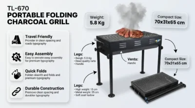 Technical infographic of the TL-670 grill highlighting its 5.8kg weight and 70x31x65cm dimensions for easy portability.