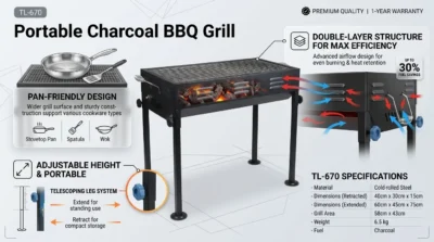 Functional infographic showing the TL-670 grill's double-layer structure, airflow vents, and adjustable height legs.
