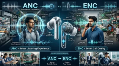 Infographic titled "ANC vs ENC." Compares Active Noise Cancellation (blocks outside noise for a better listening experience on buses) with Environmental Noise Cancellation (cleans your voice using microphones for better call quality).