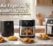 Three digital air fryers on a kitchen counter with fried chicken and samosas for Best Air Fryer in Bangladesh 2026.