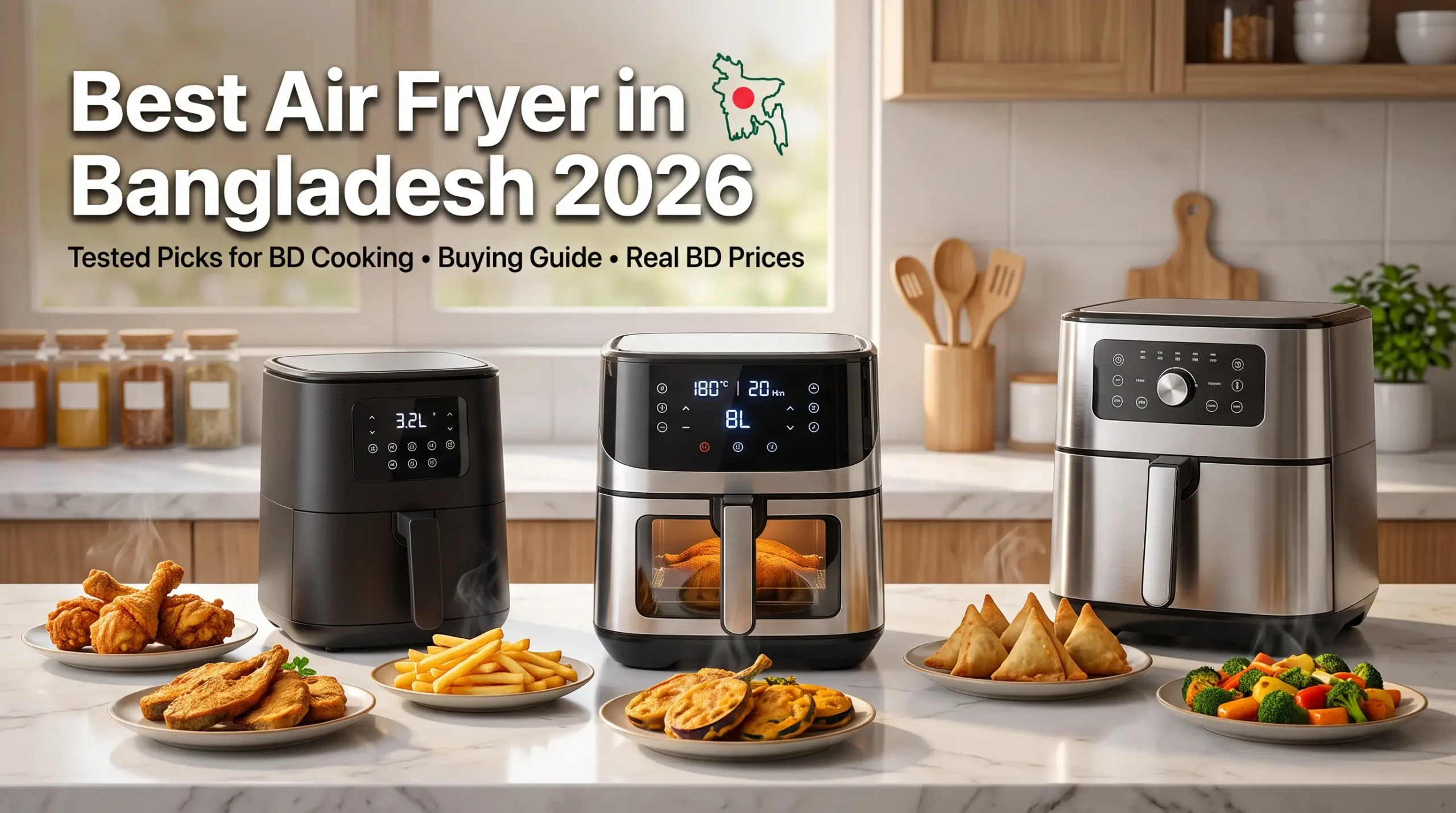 Three digital air fryers on a kitchen counter with fried chicken and samosas for Best Air Fryer in Bangladesh 2026.