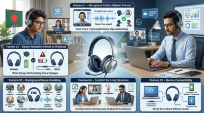 Infographic highlighting professional headset features including noise cancellation, clear mic, and long-wear comfort.