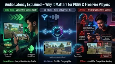 Infographic titled "Audio Latency Explained." Breaks down gaming performance: Under 80ms (Competitive Gaming Ready/Victory), 80–150ms (Everyday Use), and 200ms+ (Avoid for Gaming), featuring side-by-side victorious and frustrated mobile gamers.