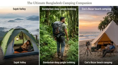 Camping fan used in different Bangladesh travel destinations including Sajek Valley, Bandarban jungle trails, and Cox's Bazar beach camping environments.