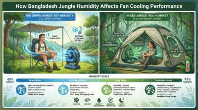 Create a professional outdoor camping infographic titled "How Bangladesh Jungle Humidity Affects Fan Cooling Performance". Split the graphic into two main scenes. On the left, show a camper using a portable fan in a dry environment with 50% humidity, visible airflow, sweat evaporation arrows, and strong cooling effect indicators. On the right, show a camper inside a tent in humid Bandarban jungle conditions at 90% humidity, with moisture-heavy air, reduced evaporation, but visible airflow still providing comfort, insect deterrence, and air circulation. Below, include a clean humidity scale from 40% to 95% with four zones showing fan effectiveness levels and associated Bangladesh locations: Dhaka winter, Cox's Bazar beach area, Sajek Valley, and Bandarban jungle. Add icons representing cooling, airflow, humidity, mosquito protection, and sleep quality. Realistic camping gear, lush Bangladesh forest environment, premium editorial infographic design, easy-to-read layout, green and blue color palette, educational outdoor adventure style, 16:9 aspect ratio.