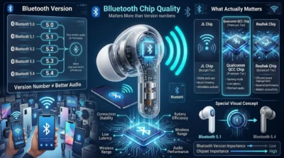 Infographic titled "Bluetooth Chip Quality Matters More than Version numbers." Compares versions (5.0 to 5.4) against chip tiers: JL (budget), Realtek (balanced), and Qualcomm QCC (premium), showcasing a transparent earbud exposing its inner chip.