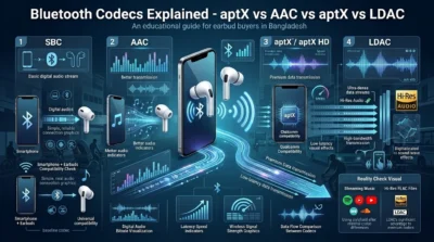 Infographic titled "Bluetooth Codecs Explained" comparing audio codecs: 1) SBC basic stream, 2) AAC better transmission, 3) aptX premium data, and 4) LDAC ultra-dense streams for Hi-Res Audio, featuring smartphones, earbuds, and data flow waves.