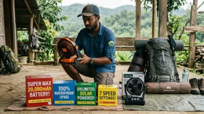 Camper comparing camping fans and avoiding misleading marketing claims such as fake battery capacity, waterproof promises, solar charging, and exaggerated speed settings.