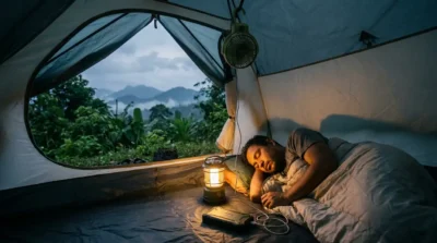 Portable camping fan connected to a power bank inside a trekking tent during an overnight camping trip in Bandarban, Bangladesh.