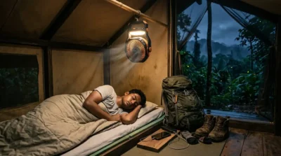 Portable camping fan with LED lantern hanging inside a tent in Bandarban, providing cooling and comfort during humid jungle nights.