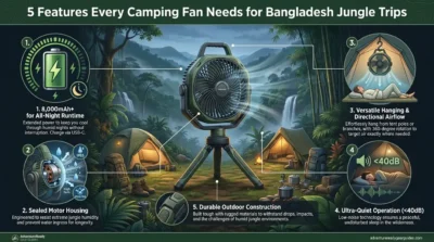 Infographic showing the five most important features to look for in a camping fan for Bangladesh jungle trips, including battery life, sealed motor design, tent mounting, and quiet operation.