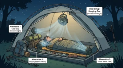 Comparison of different camping fan positions inside a tent, showing why hanging a fan from the tent roof provides the best airflow and sleeping comfort.