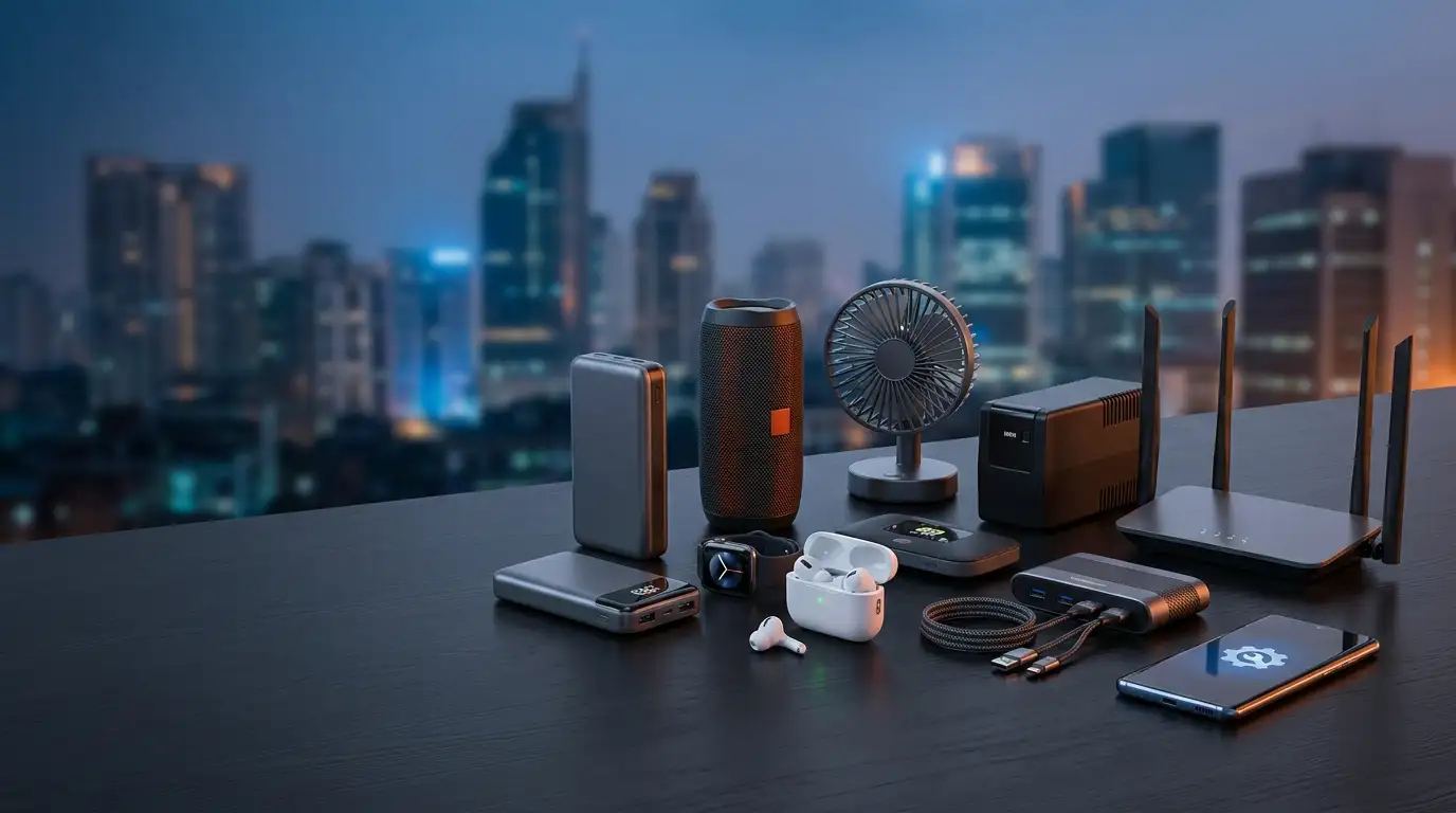 A collection of the Best Gadgets featuring a router, speaker, and power bank on a desk with a night city skyline view.