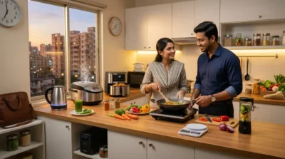 Couple cooking together in a modern kitchen with an air fryer, rice cooker, and electric kettle at sunset.