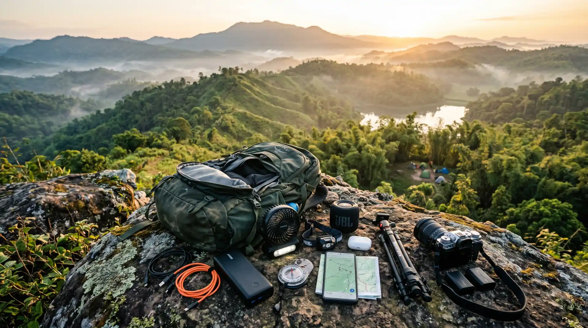 Essential travel gadgets including power bank, camping fan, headlamp and waterproof speaker packed for a 3-day Bandarban trip trekking trip in Bangladesh