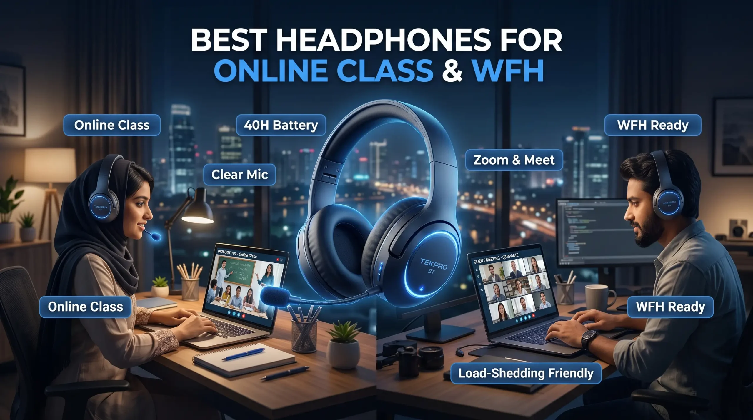Tekpro BT wireless headphones for online classes and WFH, with 40H battery and clear mic, used by students and workers.