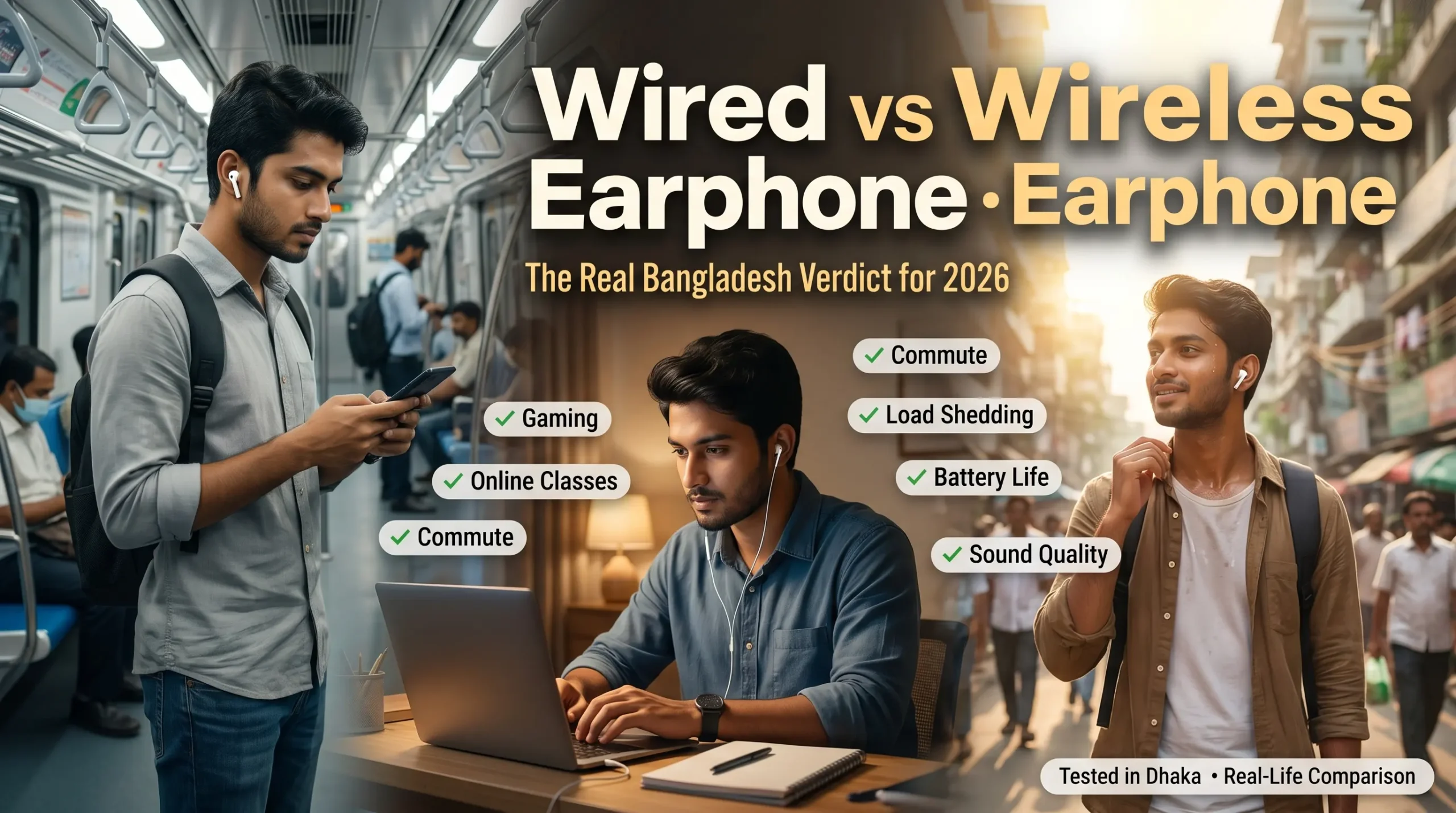 Wired vs wireless earphone comparison for commuting and gaming in Bangladesh, showing real-life testing in Dhaka.