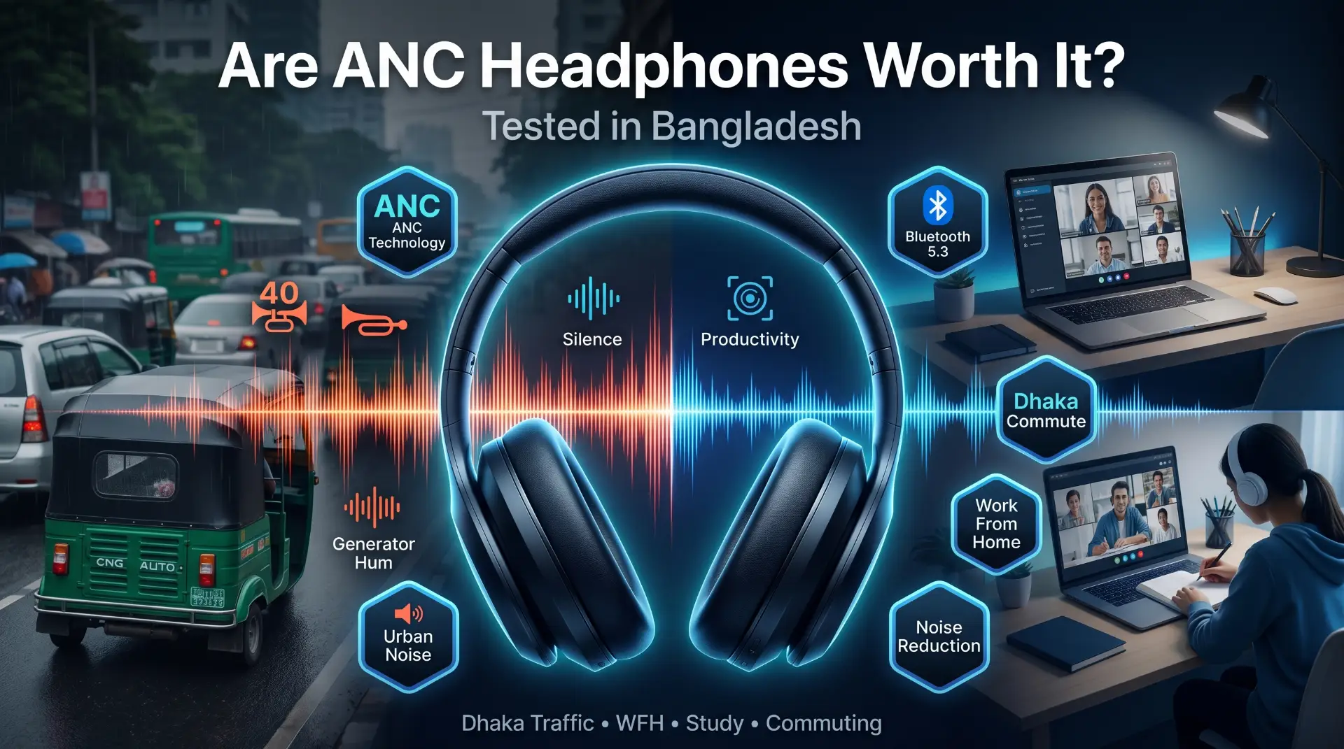 Infographic for ANC headphones tested in Bangladesh. Shows a split screen: busy Dhaka traffic on the left and a quiet home office on the right. A large pair of headphones sits in the center, transforming chaotic noise waves into calm blue lines.