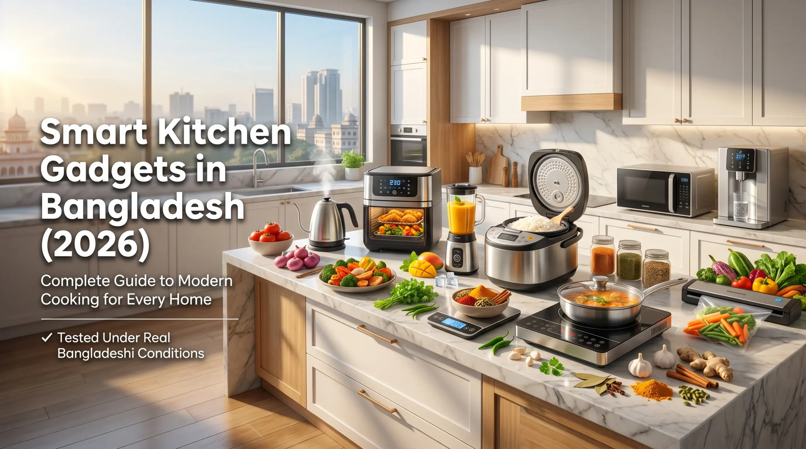 Smart kitchen gadgets in Bangladesh featuring air fryer, rice cooker, and induction cooktop on a modern marble counter.