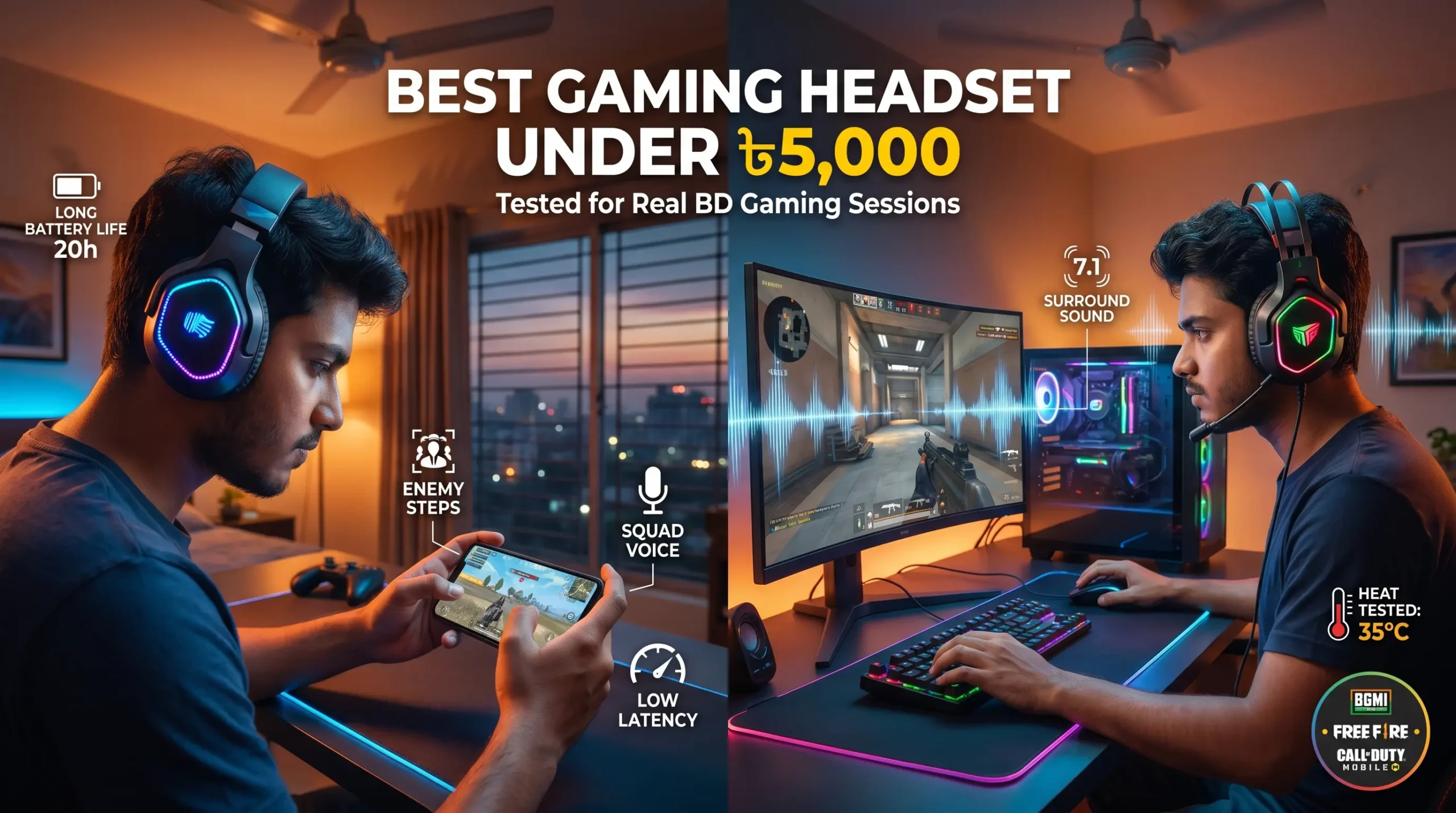 Best gaming headset under 5000 BDT for PC and mobile gaming featuring RGB lights and 7.1 surround sound.