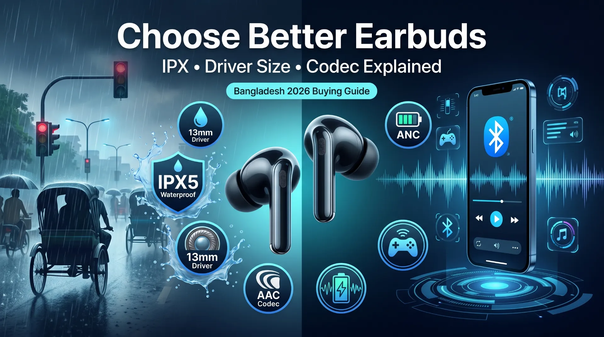 Earbud buying guide banner titled "Choose Better Earbuds." Features black wireless earbuds between a rainy Bangladesh street highlighting IPX5 waterproof specs and a digital interface showcasing ANC, 13mm drivers, and smartphone connectivity.