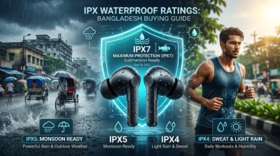 IPX waterproof ratings guide for earbuds in Bangladesh. Features black earbuds between a rainy street scene for "IPX5: Monsoon Ready" and a sweaty runner for "IPX4: Sweat & Light Rain," with a central "IPX7 Submersion Ready" shield.
