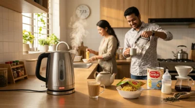 Steaming stainless steel electric kettle on a kitchen counter with snacks, tea, and baby formula in a warm home kitchen.