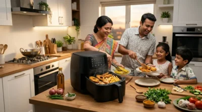 A happy family serving crispy samosas and fries from a black digital air fryer in a modern kitchen.