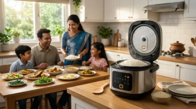 Stainless steel rice cooker with steaming white rice; a family enjoys a traditional meal together in the background.