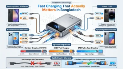 Infographic showing fast charging protocols, smartphone compatibility, and the difference between standard and high-wattage power bank charging in Bangladesh.
