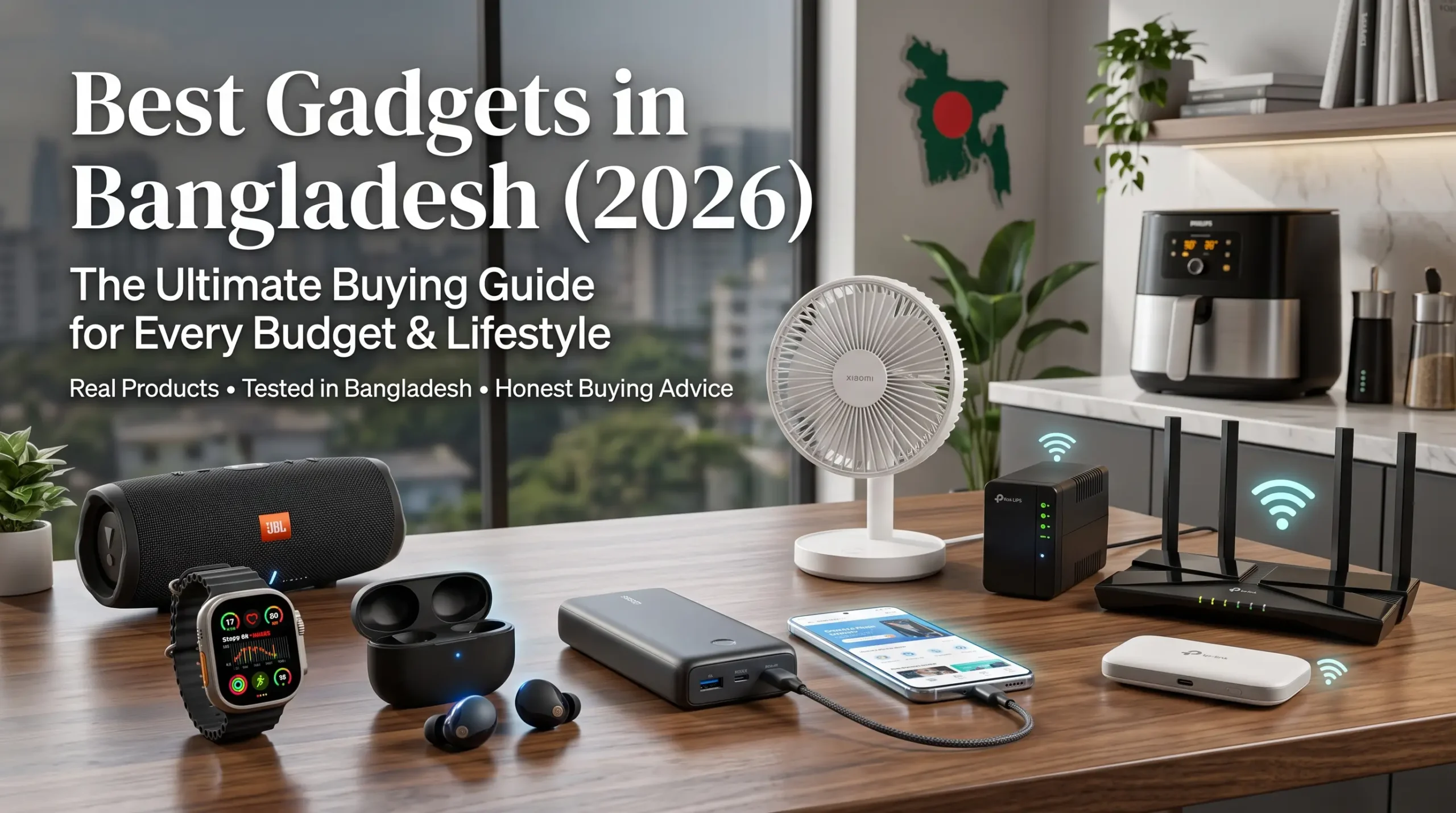 Best gadgets in Bangladesh 2026 guide showing a JBL speaker, smartwatch, earbuds, and Wi-Fi router on a wooden desk.