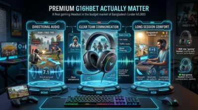 G16HBET budget gaming headset infographic showcasing 7.1 surround sound, clear mic, and comfort for gamers in Bangladesh.