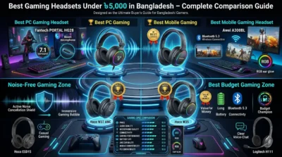Best gaming headsets under 5000 BDT in Bangladesh guide: Hoco, Fantech, Awei, and Logitech for PC and mobile gaming.