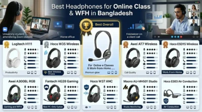 Best headphones for online classes and WFH in Bangladesh featuring top-rated Logitech, Hoco, and Awei wireless headsets.