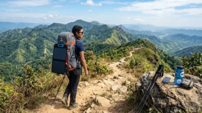 Hiker using a foldable solar panel attached to a backpack to charge a power bank during a trekking trip in the Chittagong Hill Tracts of Bangladesh.
