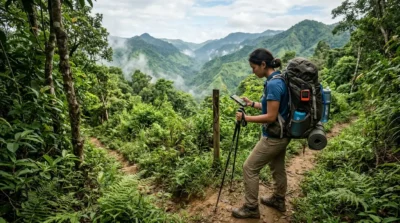 Hiker using offline maps and a GPS tracker on a remote Bandarban trail where mobile network coverage is unavailable.