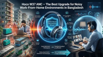 Hoco W37 ANC noise cancelling headphones blocking out city noise for a productive work-from-home setup in Bangladesh.