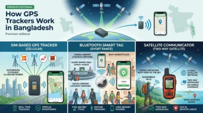Infographic explaining how GPS trackers determine location and transmit data in Bangladesh using SIM networks, Bluetooth tags, and satellite communication.