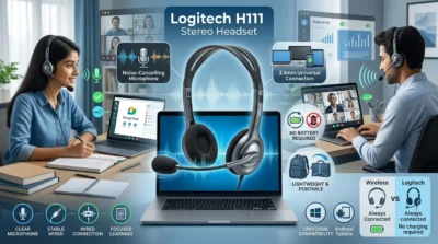 Logitech H111 Stereo Headset with noise-cancelling microphone and 3.5mm jack for clear online calls and focused learning.