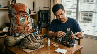 Cleaning and maintaining a portable camping fan after a Bangladesh trekking trip to remove dust, moisture, and debris before storage.