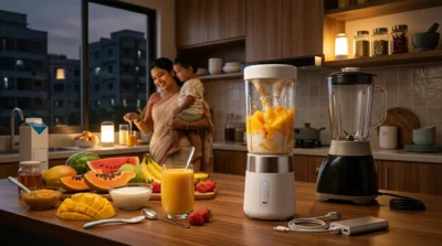 Portable blender mixing a mango smoothie on a kitchen counter with fresh fruit and a family in the background.