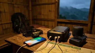 Trekker in the misty hills of Bandarban using a power bank and essential gadgets designed for humid conditions and limited electricity.