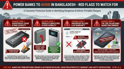 Infographic highlighting common warning signs of fake and low-quality power banks in Bangladesh, including fake capacity claims, no warranty, poor battery indicators, and ineffective solar charging.