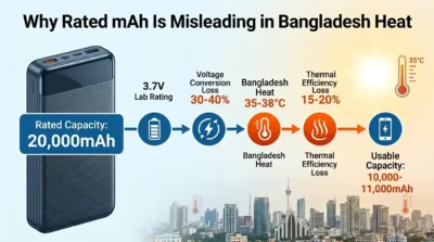 Infographic showing how voltage conversion and Bangladesh summer heat reduce the real usable capacity of power banks compared to their advertised mAh rating.