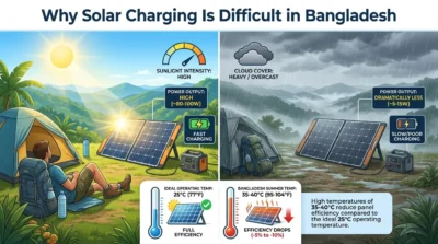 Infographic showing how cloud cover and high temperatures in Bangladesh reduce the effectiveness of portable solar panels for charging devices.
