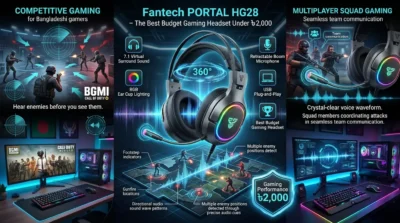 Fantech PORTAL HG28 RGB gaming headset with 7.1 virtual surround sound and retractable mic for competitive squad gaming.
