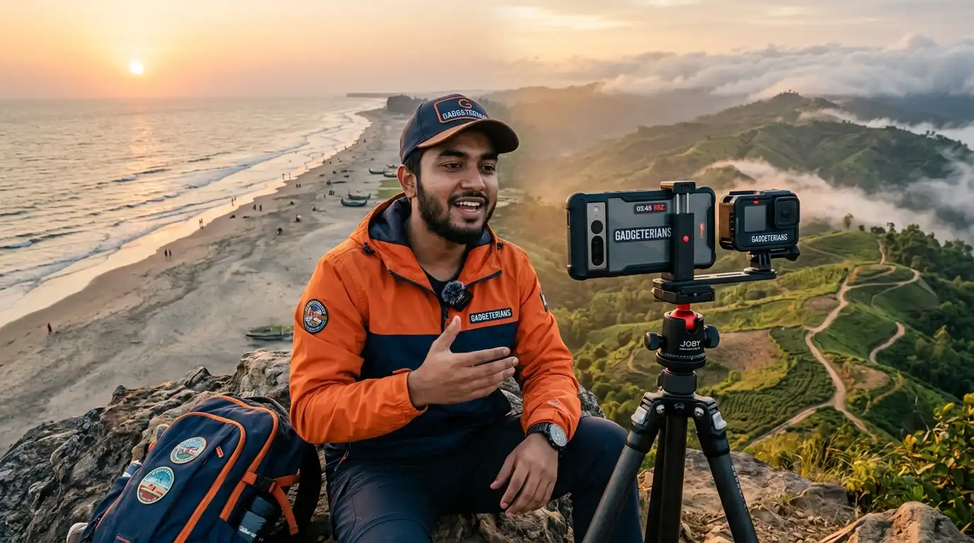 Action camera and smartphone comparison for travel vlogging in Bangladesh with Cox's Bazar beach and Sajek hills in the background.