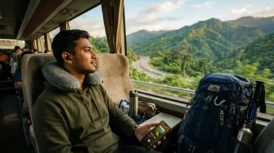 Traveler wearing wireless earbuds on the long bus journey from Dhaka to Bandarban while listening to offline music before starting a trekking adventure.