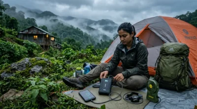 Trekker in the misty hills of Bandarban using a power bank and essential gadgets designed for humid conditions and limited electricity.