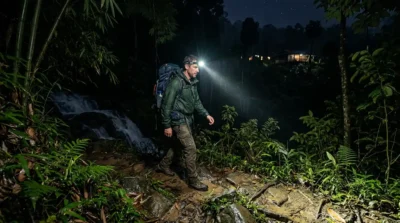 Trekker using a rechargeable headlamp on a dark jungle trail in Bandarban, highlighting the importance of hands-free lighting for safety.